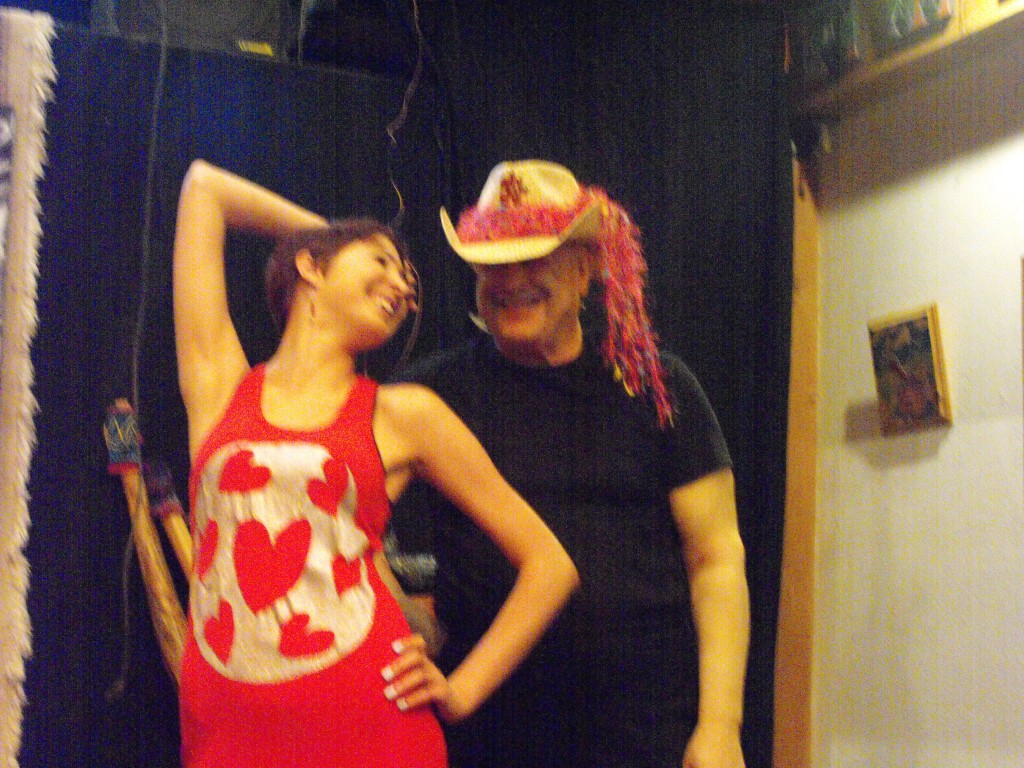 Tiffany in Red Hearts handpainted dress, & Gorby in LeslieAnn Cowboy Hat, during photoshoot for tattoo-fashions.com