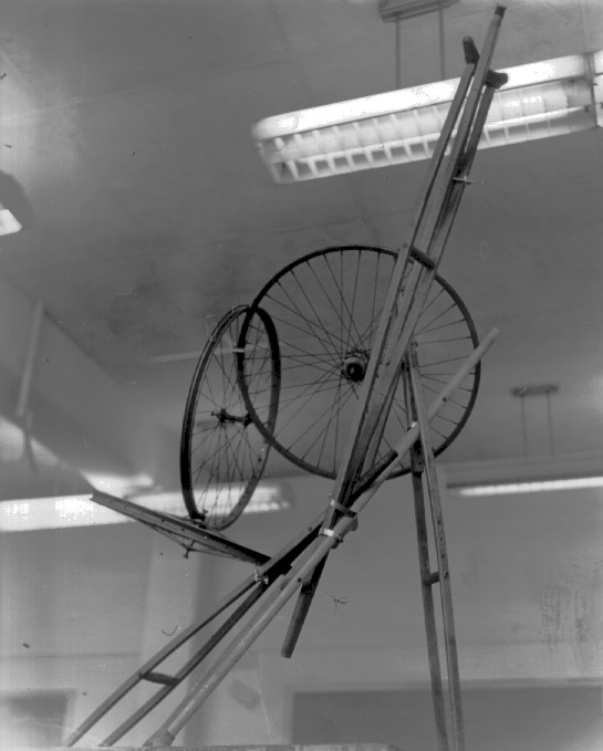 Bike Wheels & Crutches, sculpture by ej gold Otis Gallery, 1967.